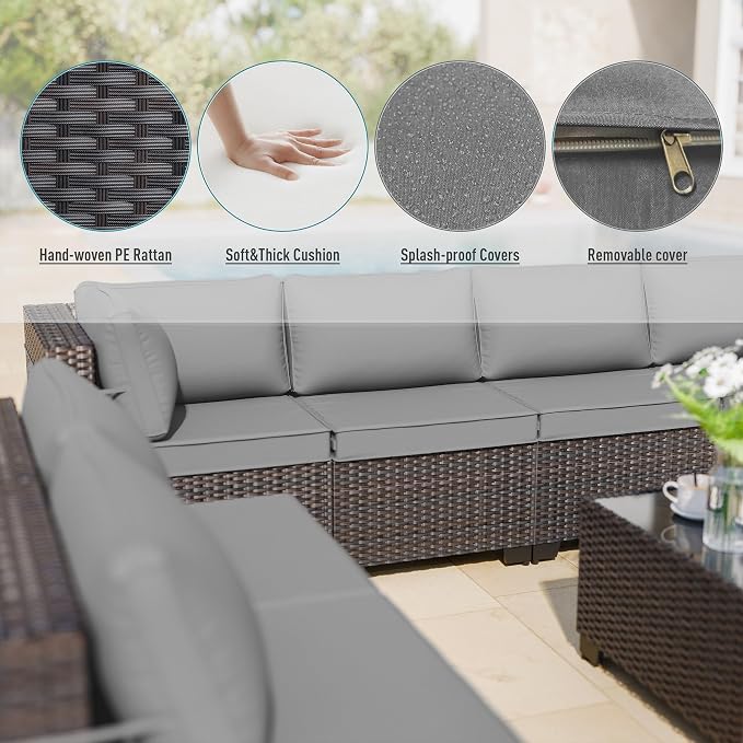 ALAULM 9 Pieces Patio Furniture Set Wicker Patio Conversation Set, Outdoor Sectional Furniture w/Coffee Table & Washable Seat Cushions-Grey