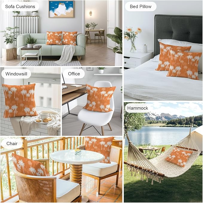 Throw Pillow Covers 16x16 Inch Set of 2, Tropical Palm Tree Waterproof Outdoor Pillow Covers, Orange White Plants Coastal Leaf Beach Decorative Cushion Pillowcases for Couch, Sofa, Bed, Garden, Patio