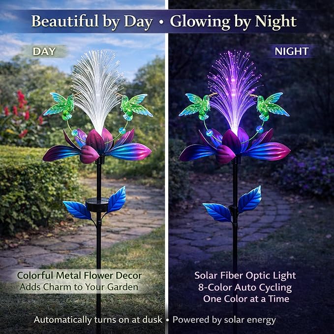 Solar Hummingbird Wind Spinner Outdoor 49 Inch Lotus Flower Metal Garden Windmill for Yard and Color Changing Fiber Optic Solar Yard Art Kinetic Wind Spinner Gift for Women Mother's Day Garden Gift