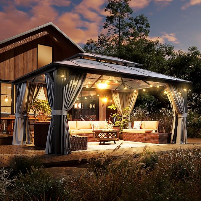 12’x16’ Hardtop Gazebo with Double Polycarbonate Roof, Sturdy Aluminum Frame & Removable Curtains/Netting,Outdoor Metal Shelter Pergola for Garden, Patio, Lawn (Grey)