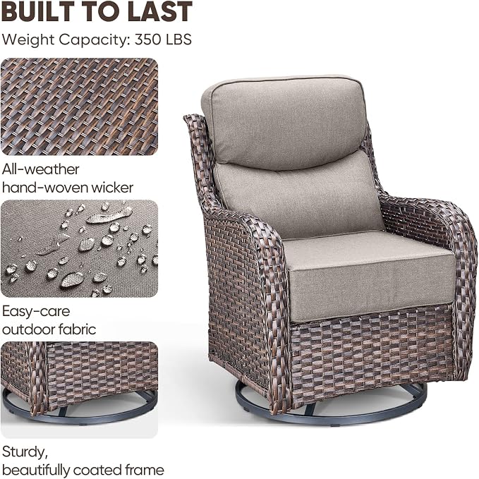 Swivel Patio Chairs Set of 2 with 6" Thick Cushion - Wicker Outdoor Swivel Rocker Patio Sets, High Back Comfortable Outdoor Glider Chairs 360° Rotation Glider Brown Wicker-Grey Cushion