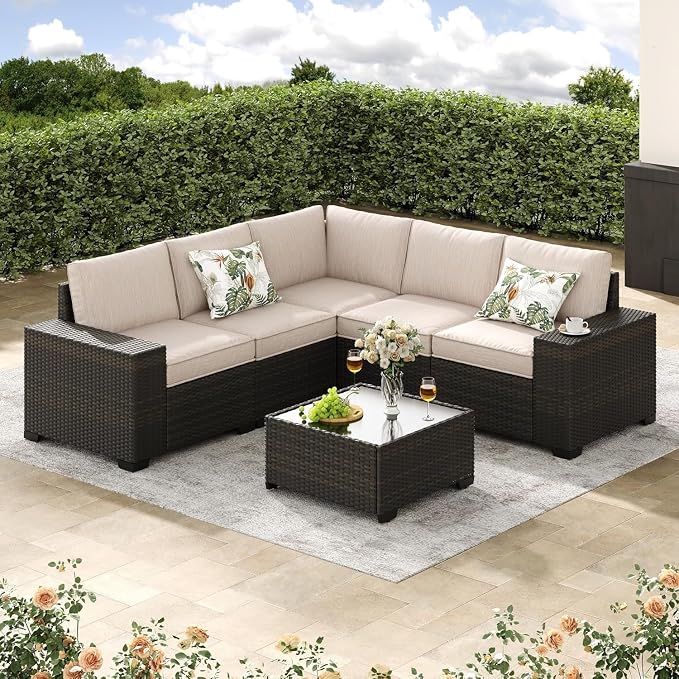 All Weather Outdoor Wicker Sectional Sofa Beige Rattan Conversation Seating 6 Piece Patio Furniture Set with Cushions Glass Table for Porch Garden Backyard