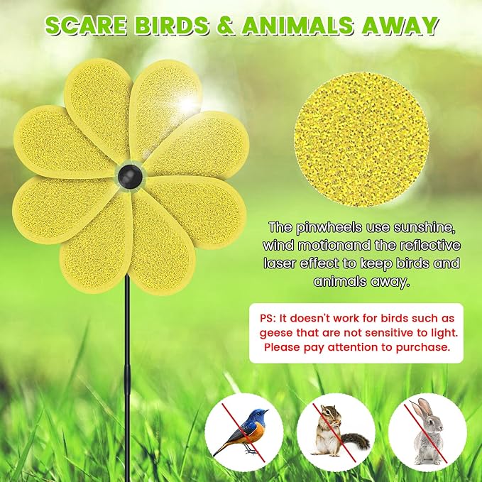 4PCS 11.4" W x 28" H Reflective Pinwheels Sparkly Lawn Wind Spinners Colorful Rainbow Windmill for Garden Decoration Bird Devices Deterrent to Scare Birds Away（Yellow）