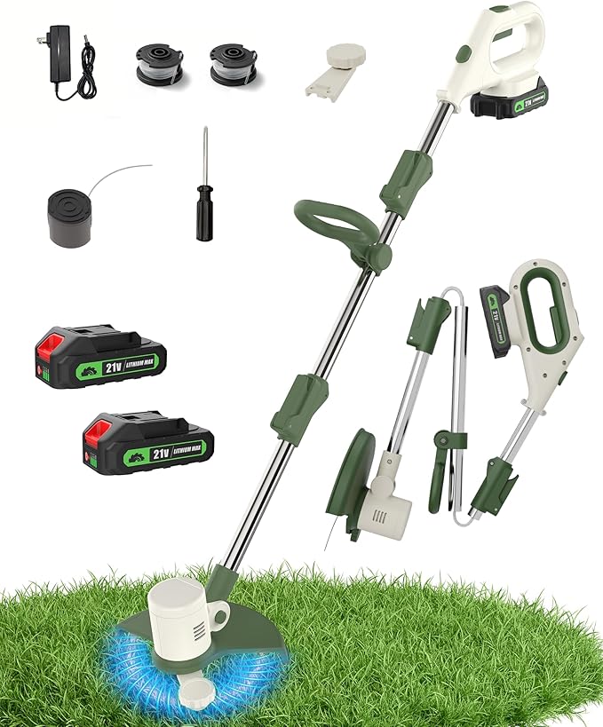 Cordless String Trimmer Battery Powered, 21V 2-in-1 Weed Wacker and Edger with 8" Cutting Width, 2 x 2.0Ah Batteries and Charger Included, Electric Lawn Tool Grass Cutter