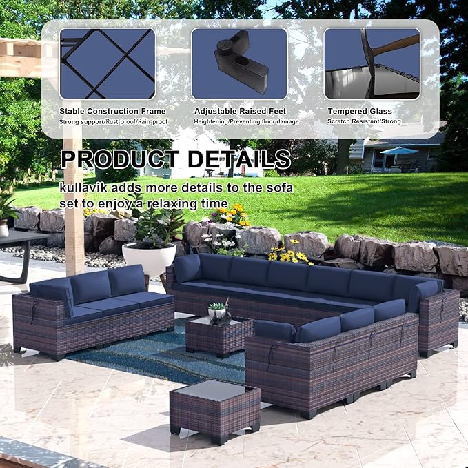 Kullavik 14 Pieces Outdoor Patio Furniture Set,Sectional Rattan Sofa Set Brown PE Rattan Wicker Patio Conversation Set with Tempered Glass Coffee Tables and Washable Cushions Covers,Navy Blue