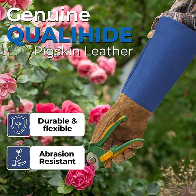 HANDLANDY Rose Pruning Gloves for Men Women, Thorn Proof Gardening Gloves | Long Leather Gardening Gloves, Breathable Leather Gauntlet, Best Garden Gifts & Tools for Gardener (Blue, S)