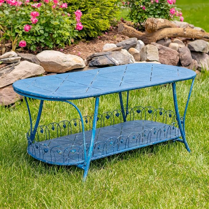 Zaer Ltd. Vintage Style Metal Patio Furniture with Heart Design Accents, Outdoor/Indoor Decor (Vintage Blue, Coffee Table)