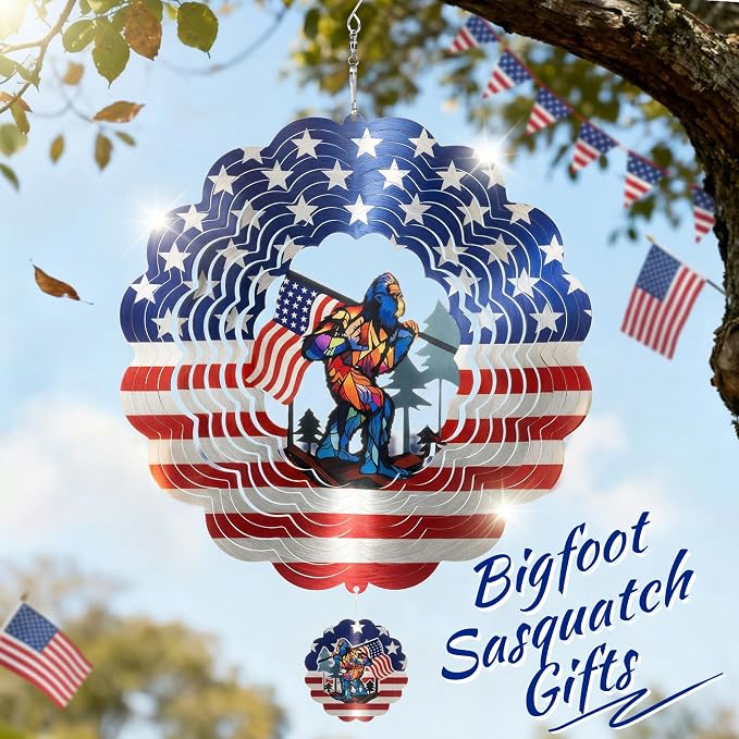 Bigfoot Garden Decoration 12 Inch Wind Spinner with Sasquatch | Outdoor Garden Decor 12 Inch Stainless Steel, Hanging Yard Art for 250th Patio & Indoor Use, Gifts for Men Dad Husband