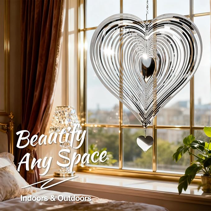 Wind Spinner 12-Inch Garden & Yard Decor, Birthday Gift for Mom | Hanging Yard Art, Garden Decoration for Outdoor and Indoor, Birthday Gift for Women, 3D Heart, Stainless Steel, 2 Pack