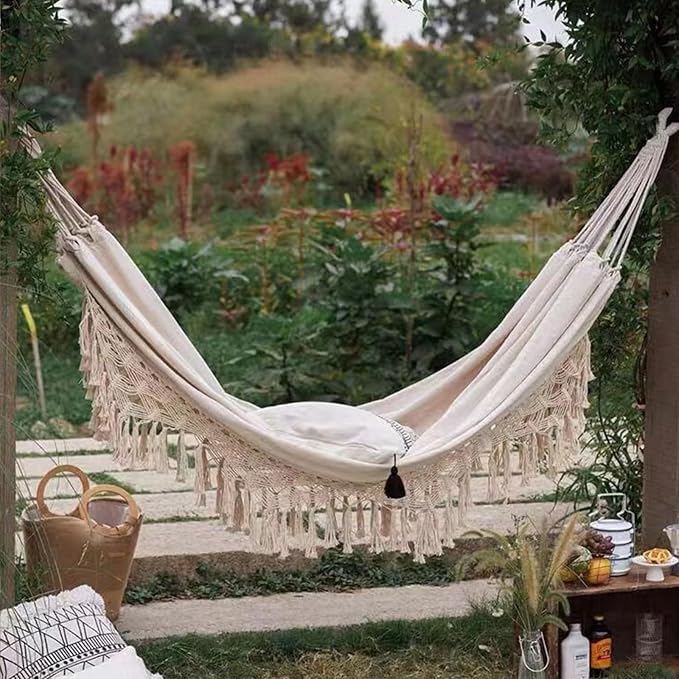 Handmade Cotton Woven Hammock, Portable Boho Canvas Swing with Tassels for Indoor and Outdoor Use, Perfect for Patio, Yard, Garden, and Camping