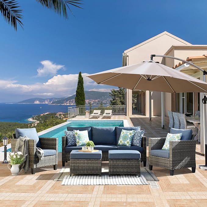 ovios 5 Pieces Patio Furniture Set, Outdoor Wicker Sofa Couch with Chairs Comfy Cushions, All Weather Grey Rattan Conversation Set for Backyard Deck Porch, Denim Blue