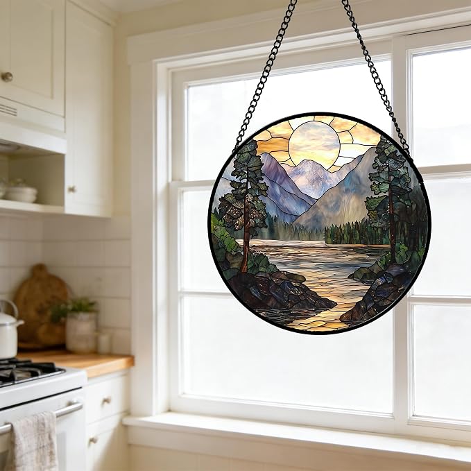 Stained Glass Window Hanging, Sunset Mountains Lake Tree Sun Catcher for Window Home Decor Landscape Suncatcher Mother's Day Birthday Gifts for Women Men Mom and Nana 11.8 in