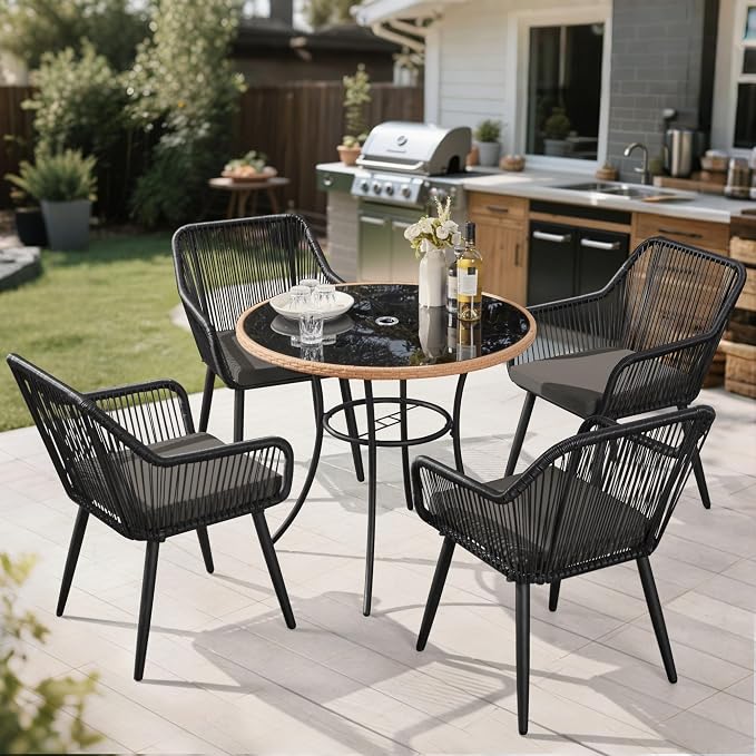 ECOTOUGE 5 Piece Patio Dining Set, Wicker Outdoor Furniture Set w/Glass Table, 4 PCS Chairs w/Waterproof Cushions for Backyard Garden Deck (Grey/Black, Round)