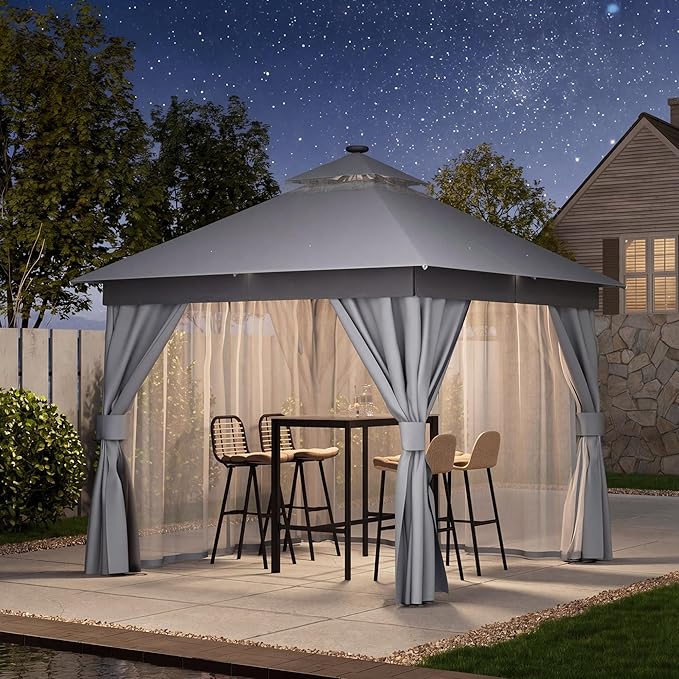 LAUSAINT HOME Patio Gazebo 10'x10' with Solar LED Roof Lights, Outdoor Heavy Duty Party Tent Shelter with Double Roofs, Mosquito Netting & Privacy Curtains for Backyard, Garden, Lawn, Gray