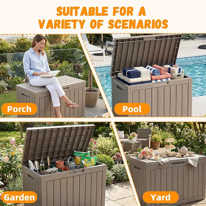 ROJIK Outdoor Storage Box, 55 Gallon Waterproof Deck Box, Weatherproof Resin Outside Storage Bin for Patio Furniture, Garden Tools, Pool Accessories, Cushion, Grey