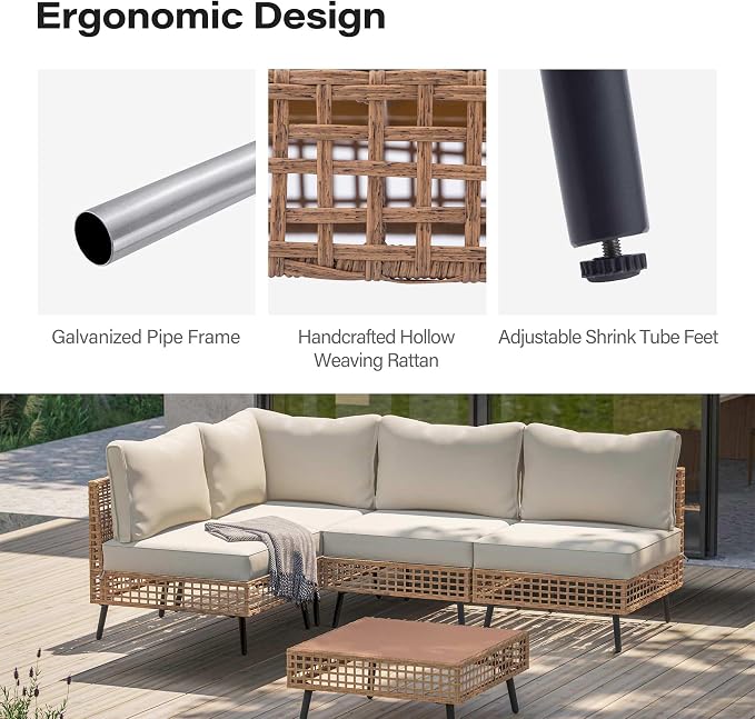 LAUSAINT HOME 5 Pieces Outdoor Sectional Sofa Set, All-Weather PE Wicker Rattan Patio Conversation Set with Thick Cushions & Coffee Table, Patio Furniture Set for Garden, Backyard, Porch (Beige)