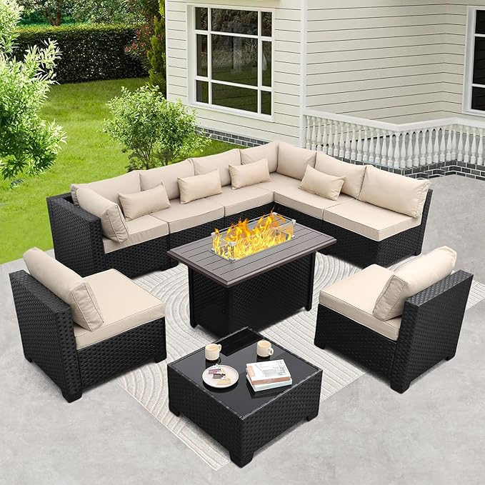 Rattaner 10 Pieces Outdoor Sectional All-Weather Wicker Patio Furniture Set Patio Sectional and Steel Fire Table and Glass Patio Table Non-Slip Cushions and Waterproof Covers, Khaki