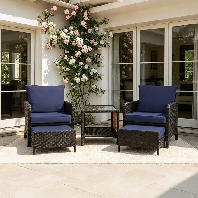 5 Piece PE Wicker Patio Furniture Set, Outdoor Conversation Chairs with Pull Out Hidden Ottoman, Soft Cushions & Glass Coffee Table, Wicker Bistro Set for Porch, Garden, Balcony, Poolside (Blue)