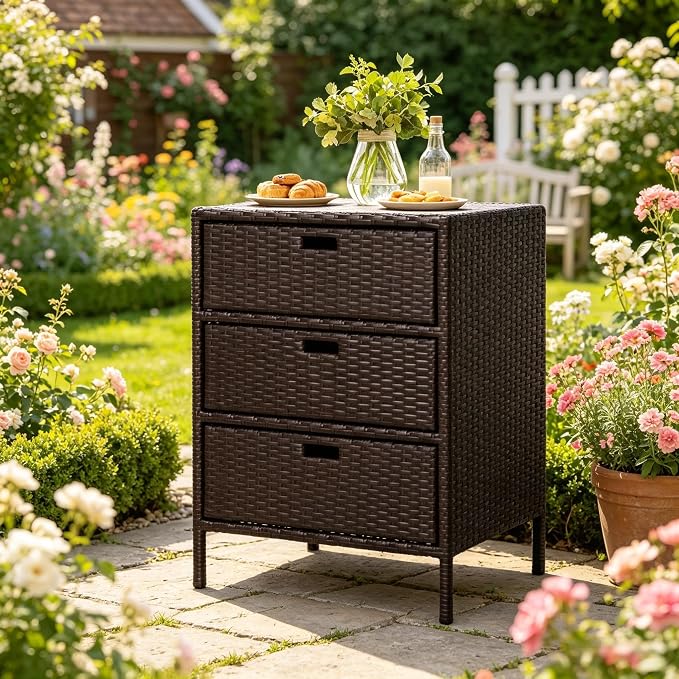 Outdoor Deck Box Storage Cabinet with 3 Drawers, Wicker Pool Towel Rack and Organizer for Patio and Garden, Water Resistant PE Rattan with Steel Frame, 23.5 x 19.8 x 32.3 Inches, Brown