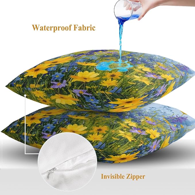 Outdoor Waterproof Pillow Covers for Patio Rustic Landscape Decorative Throw Pillow Cover Spring Wildflower Floral Yellow Blue Purple Pillowcases Set of 2 Cushion Case for Sofa Couch Chair 20x20 Inch