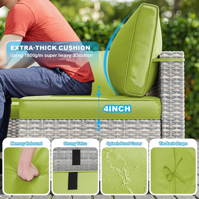 18-Piece Patio Furniture Set, Outdoor Patio Furniture with 55,000 BTU Fire Pit Table, Swivel Chairs Set, Thick Cushions, Modular Patio Sofa, Dual-Strand Wicker Rattan, Rust-Resistant Frame,Grass Green
