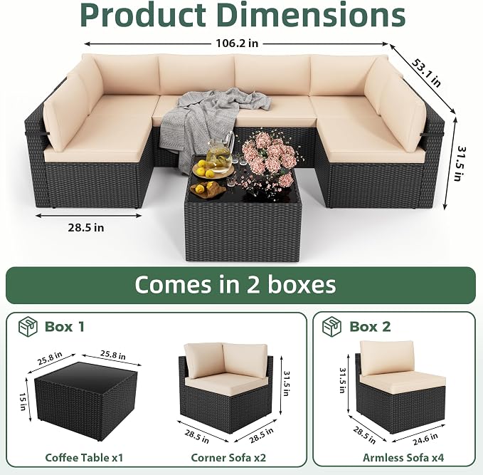 7-Piece Outdoor Sectional Sofa Set, Weather-Resistant Patio Furniture Set with Washable Cushions and Coffee Table, Black Rattan Patio Conversation Set for Poolside, Backyard, Deck (Beige)