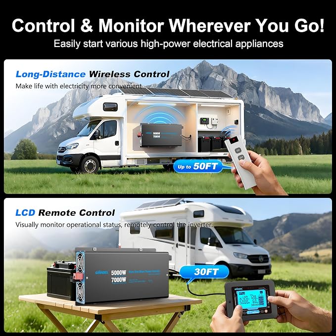 GIANDEL 5000W Pure Sine Wave Power Inverter 12V to 120V AC,7000W Max,Compatible with All 12V Batteries,Dua Remote,2x20Amps outlets,1x45amps Hardwire Ports,FCC Approved for RV Campers Off-Grid Solar
