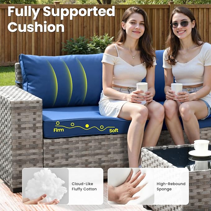 ovios 13 Pieces Patio Furniture Set, Outdoor Wicker Sectional Sofa with 54 Inch Fire Pit Table Comfy Cushions, Modern Modular Deep Seat Rattan Couch Conversation Set, Navy Blue