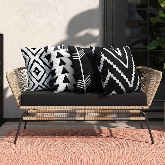 Adabana Patio Pillow Covers Pack of 2 Geometric Outdoor Waterproof, 16"x16" | Black and White Outdoor Cushion Covers Decor for Home, Patio, Garden, Porch, Furniture
