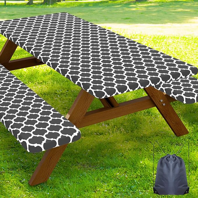 Smiry Picnic Table Cover with Bench Covers, Waterproof Elastic Fitted Tablecloth for 5 Foot Tables, Washable Polyester Tablecloths for Camping, Indoor & Outdoor (Dark Grey, 30x60 Inch 3-pc Set)
