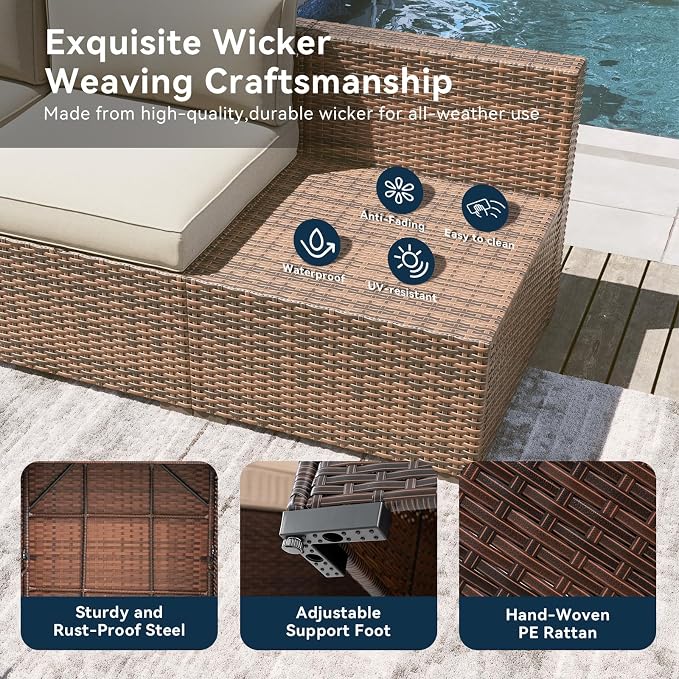 LazySunsets 15 Piece Outdoor Patio Furniture Set with 44'' Fire Pit Table, Outdoor Patio Furniture Set with 4'' Thicken Cushion, Wicker Rattan Outdoor Conversation Set for Backyard & Garden, Beige