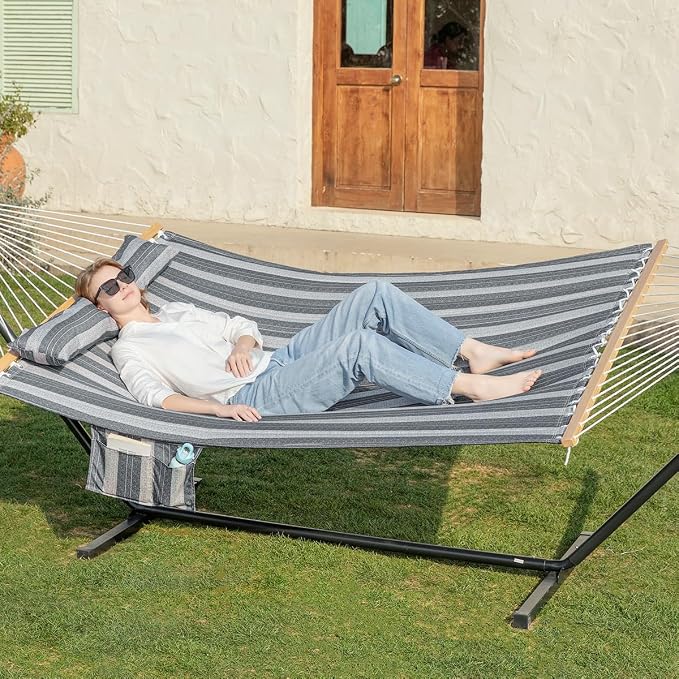 GAFETE 2 Person Hammock with Stand for Outside, Heavy Duty Steel Stand, Double 55inch Hammocks, Large Removable Pillow, Storage Bags, Max 475 lbs Capacity (Mountain Mist Gray)