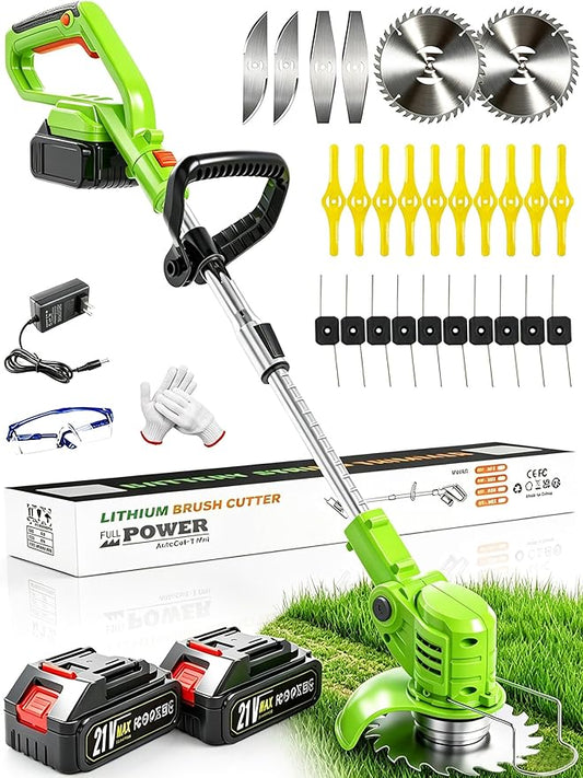 Cordless Weed Wacker, 21V Battery Powered Weed Eater with 2 Battery and Charger, Electric Grass Trimmer with 5 Types 26Pcs Blade, 3 in 1 Stringless Weed Trimmer Brush Cutter Edger for Lawn Garden
