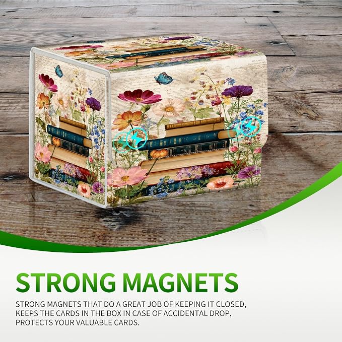 Card Deck Box for MTG, Cards Storage Box Fits 120+ Sleeved, Leather Small Size Strong Magnetic Closing Card Case for Board Games Magic TCG CCG Baseball Collection, Vintage Flower Books