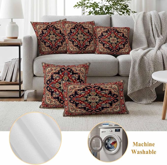 Red Vintage Outdoor Waterproof Throw Pillow Covers Set of 2, 20"x12", Floral Pattern Ethnic Style Decorative Pillow Covers Outside Cushion Case for Patio Porch Garden