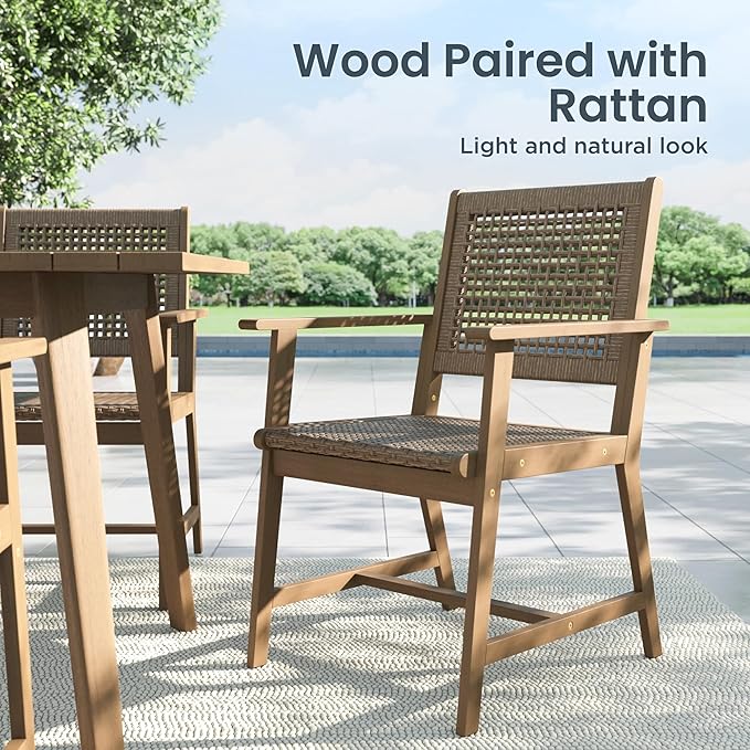 PHI VILLA 7 Pieces Acacia Wood Outdoor Dining Set for 6, Teak Large Wooden Table & Chairs with Wicker Seat and Back, Farmhouse Patio Furniture Set for Deck, Yard, Porch - Light Brown