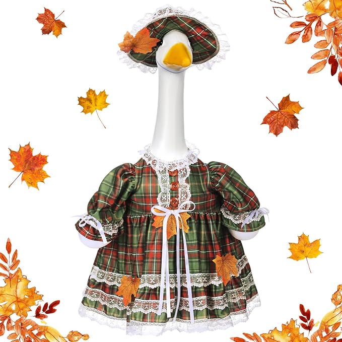 Suzile Fall Plaid Porch Goose Outfit Autumn Goose Clothes for 23 Inch Cement or Plastic Geese Costume Plaid Dress for Yard Lawn Outdoor Garden Patio Duck Statue Thanksgiving Party Decor
