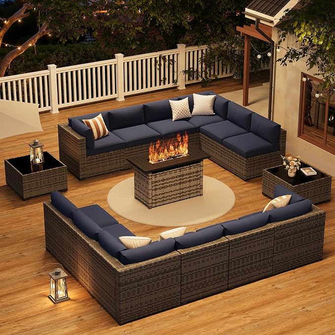 LazySunsets 15-Piece Patio Furniture Set with 44" Fire Pit Table, Wicker Outdoor Furniture, Patio Conversation Sets with Coffee Table, Outdoor Sectional Couch, Blue
