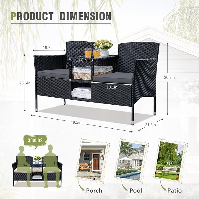 Greesum Patio Loveseat Outdoor Wicker Furniture Conversation Set with Soft Cushions & Built-in Coffee Table for Lawn Garden Backyard, Gray