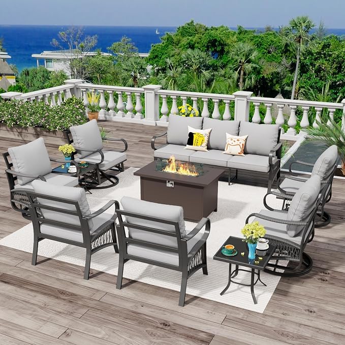 10 Piece Patio Furniture Set with 50000 BTU Propane Fire Pit Table, All Weather Outdoor Conversation Set with 4 Swivel Chairs, Sofa and Thick Cushions for Garden, Porch, Lawn, Grey
