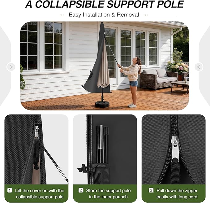Porch Shield Patio Umbrella Cover - Outdoor Waterproof Garden Market Parasol Covers Fits Market Umbrella 7-10 Feet, Black
