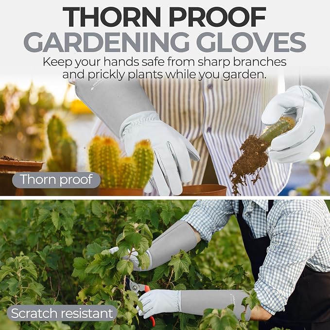 HANDLANDY Rose Pruning Gloves for Men Women, Thorn Proof Gardening Gloves | Long Leather Gardening Gloves, Breathable Leather Gauntlet, Best Garden Gifts & Tools for Gardener (Silver Gray, S)