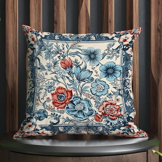 Pillowcase Chinoiserie Tree Peony Bird Cushion Cases Modern Floral Coral Turquoise Navy Pillow Cover Accent Farmhouse Decor Pillow for Patio Furniture Garden 16x16 in