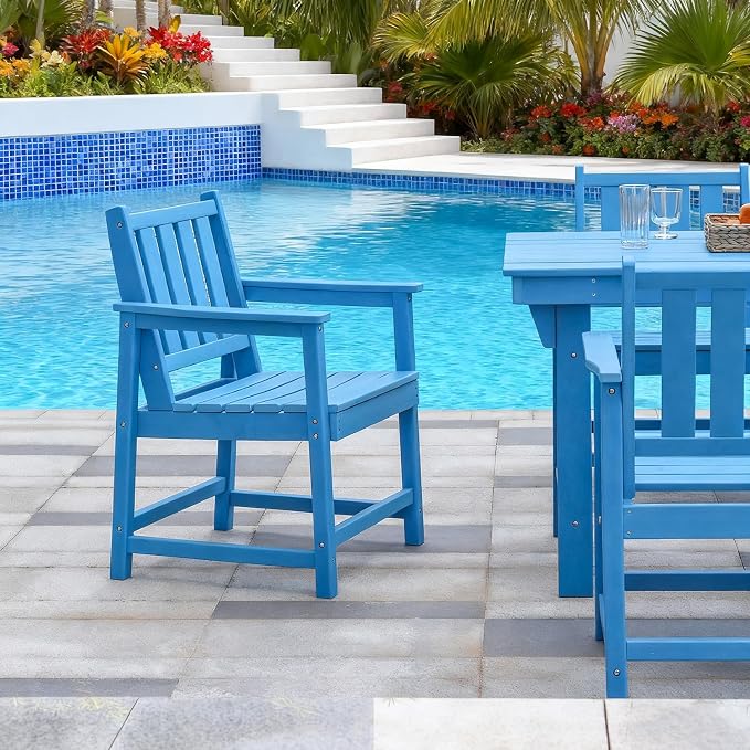 All-Weather Outdoor Chairs Set of 2, Outdoor Patio Dining Chair with Backrest and Armrest, 300 lbs Support All-Weather HDPE Furniture Patio Chair for Backyard, Garden, Deck, Blue