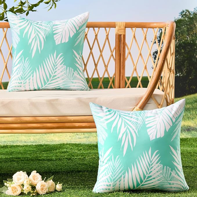 Allorry Outdoor Pillow Covers 18x18 Set of 2 Tropics Palm Leaves Blue Floral Pattern Decoration Throw Pillow Covers for Outdoor Waterproof Furniture Garden Patio Sofa Bedroom Home Decor JB008-E18