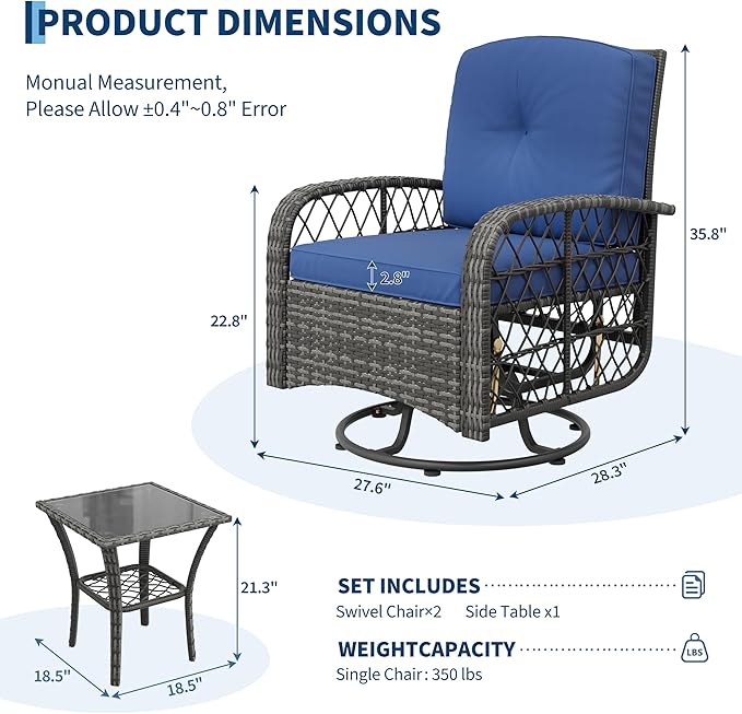 GarveeLife 3 Piece Swivel Wicker Patio Furniture Set, Outdoor Rattan Swivel Chairs with Side Table, All-Weather Conversation Set for Patio, Deck or Backyard, Gray Wicker with Blue Cushions