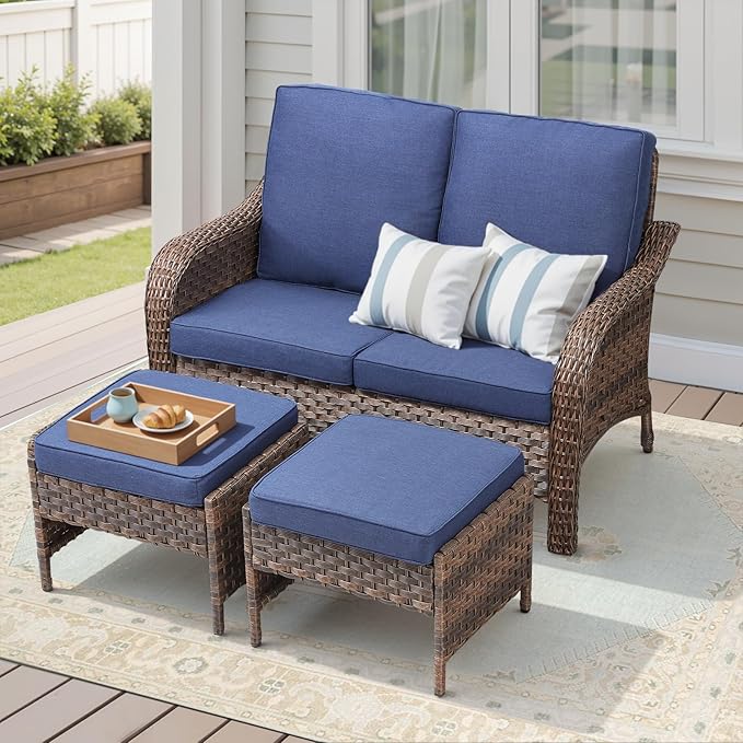 3 PCS Patio Furniture Set, Outdoor Wicker Loveseat with 2 Ottomans, 4-Inch Thick Olefin Cushions & Curved Armrests, 300 lbs Capacity Rattan Sofa Set for Porch, Balcony, Backyard, Blue