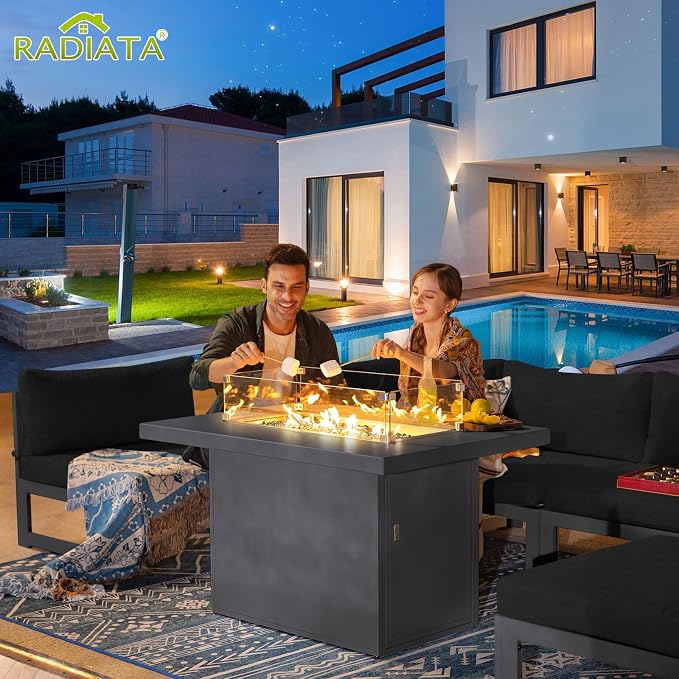 RADIATA 7 Piece Luxury Aluminum Outdoor Sectional Sofa with Fire Pit Table, Oversized L Shaped Patio Furniture Set, 29" Deep Wide Seating, 500 lbs Heavy Duty Conversation Set for Backyard Deck, Black
