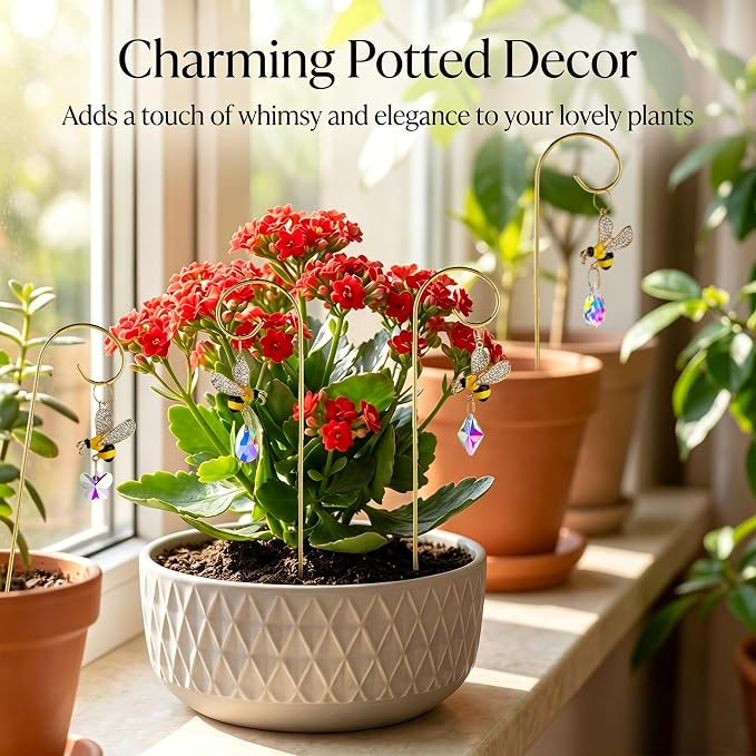 4pcs Bumble Bee Crystal Suncatchers with Small Trellis for Potted Plants | 7.5'' Indoor Plant Accessories,Sun Catchers,Garden Stakes For Houseplant,Bouquet Home Decor,Gift For Gardening Enthusiasts