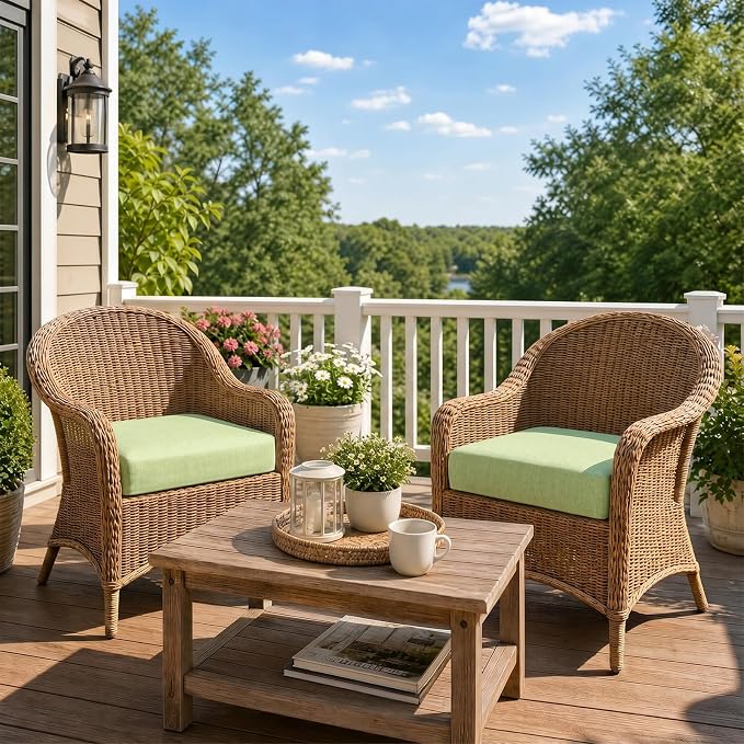 Aoodor Patio Chair Cushions Set of 2, 21 x 21 x 4 Inch Water Resistant Outdoor Seat Cushions with Handle and Ties, Square Corner Cushions for Patio Furniture Garden Lawn, Green